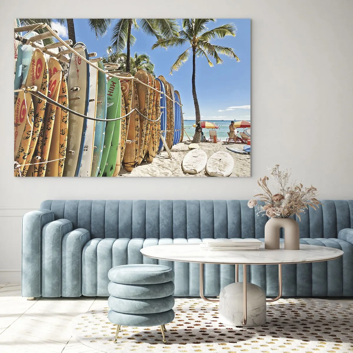 Impression sur verre - Image sur verre - Planches de surf colorées sur une plage tropicale - 100x70cm - Jeux ensoleillés - Décoration murale moderne pour le salon et la chambre ARTTOR