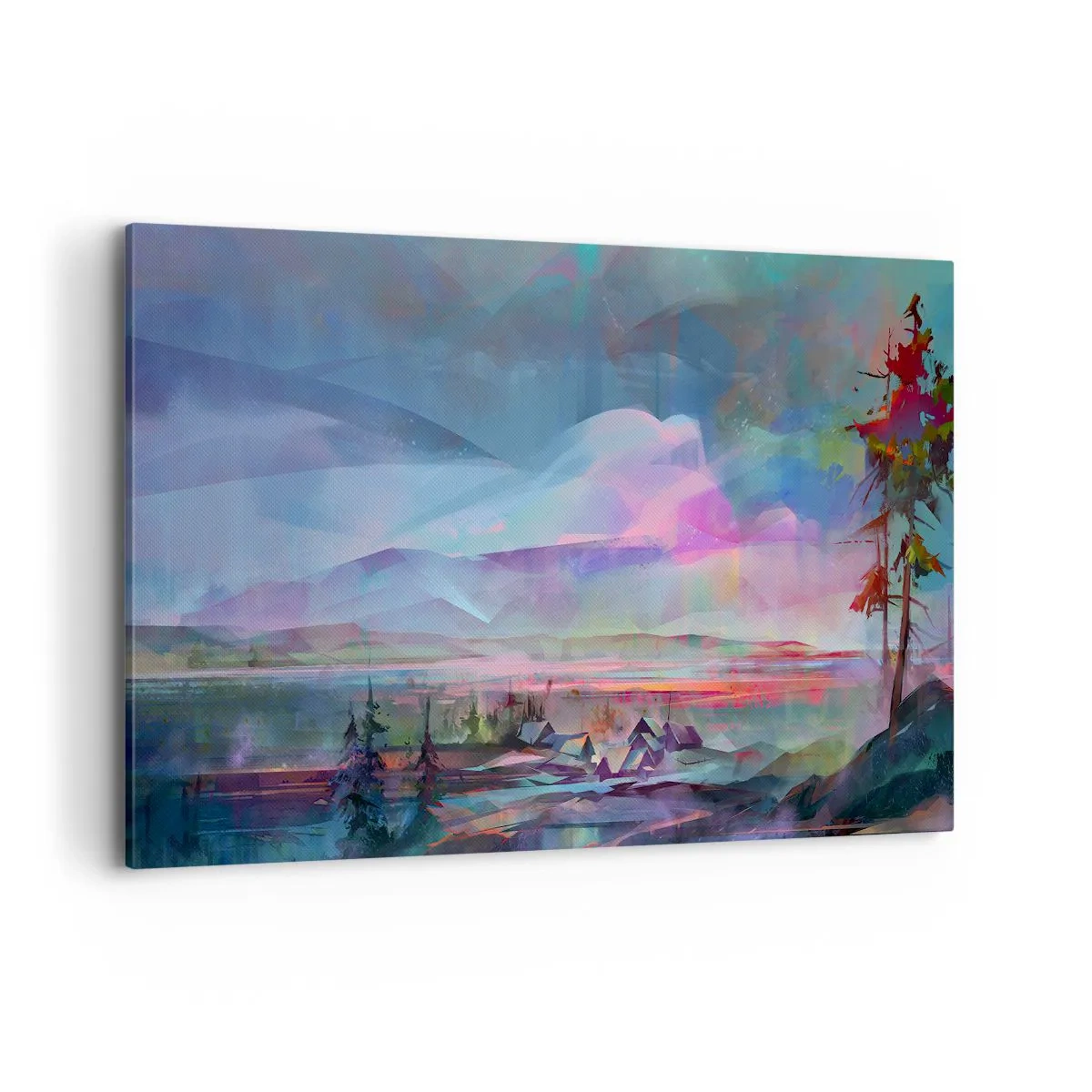 Impression sur toile - Image sur toile - Paysage de montagne avec un ciel coloré et un village - 100x70cm - Sous un ciel bienveillant - Décoration murale moderne pour le salon et la chambre ARTTOR