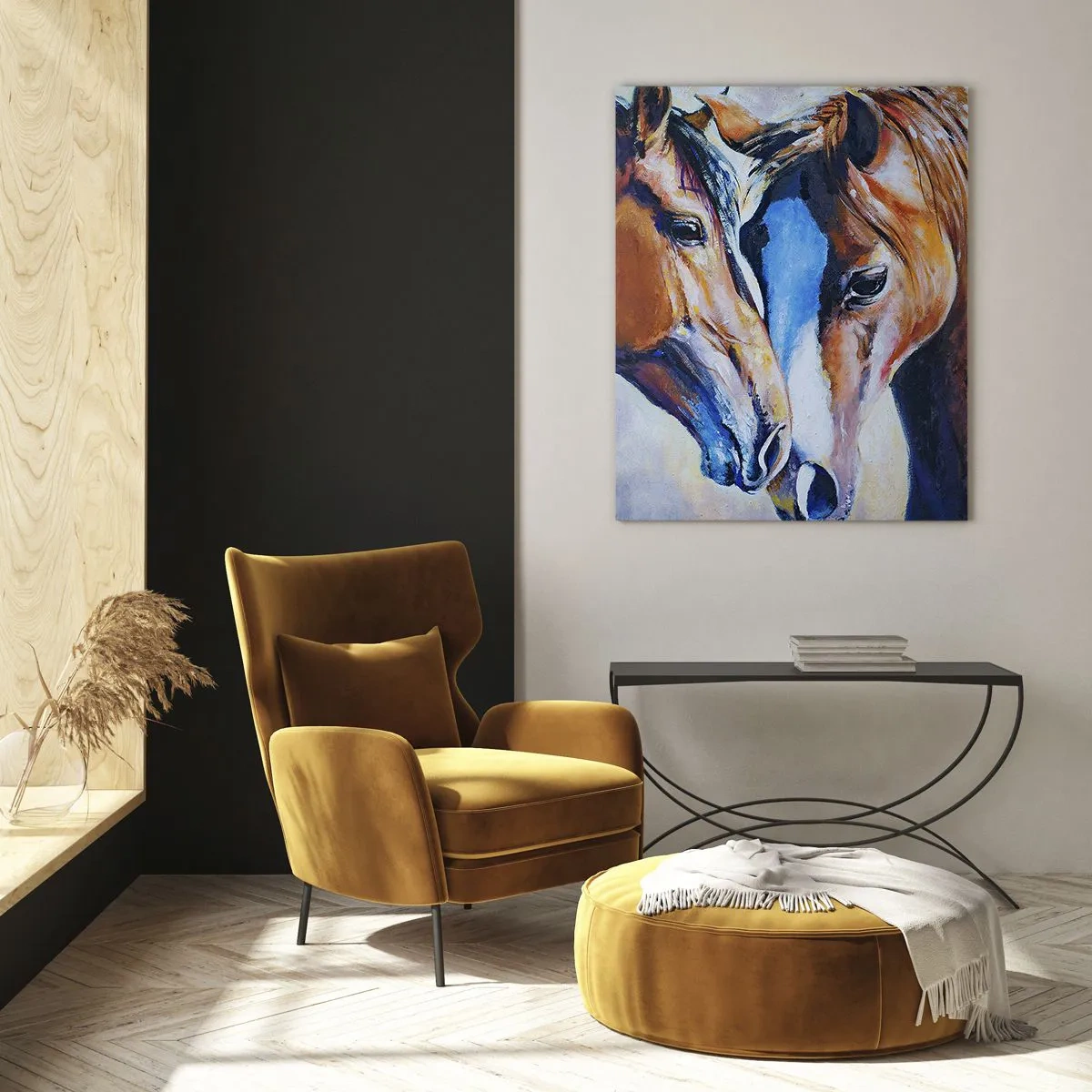 Impression sur verre - Image sur verre - Une représentation picturale de deux chevaux dans un cadre convivial. - 70x100cm - Est-ce de l'amitié ? Ou de l'amour ? - Décoration murale moderne pour le salon et la chambre ARTTOR
