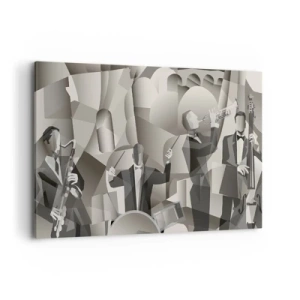 Impression sur toile - Image sur toile - Scène abstraite avec des musiciens de jazz dans des tons de gris. - 120x80cm - Dans l'espace des sons - Décoration murale moderne pour le salon et la chambre ARTTOR