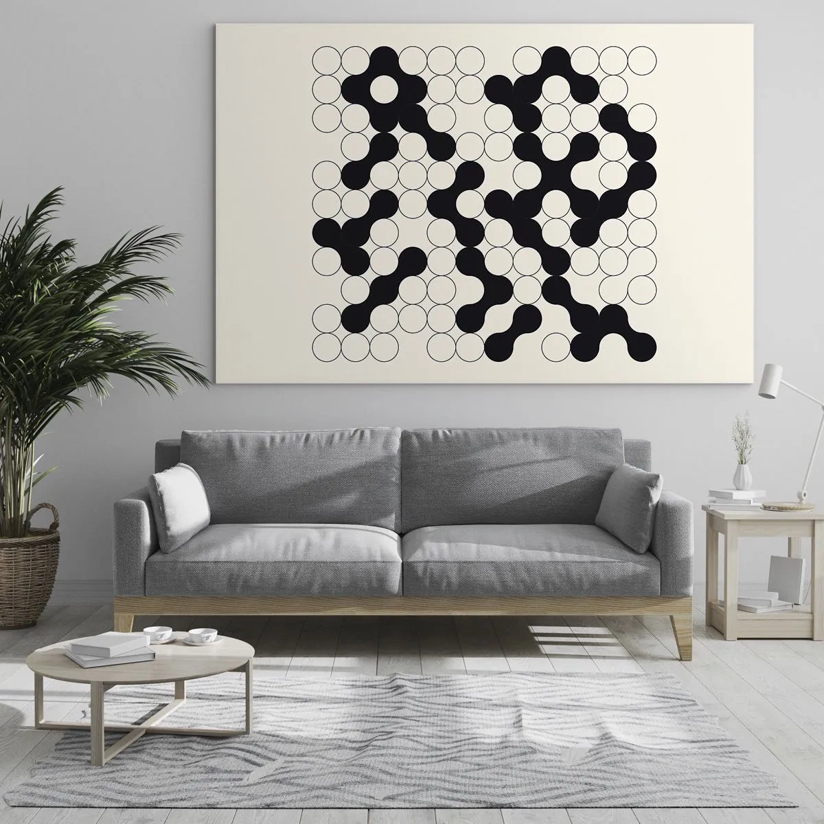 Impression sur verre - Image sur verre - Une mosaïque graphique en noir et blanc composée de points connectés. - 70x50cm - Jeu chinois – variation - Décoration murale moderne pour le salon et la chambre ARTTOR