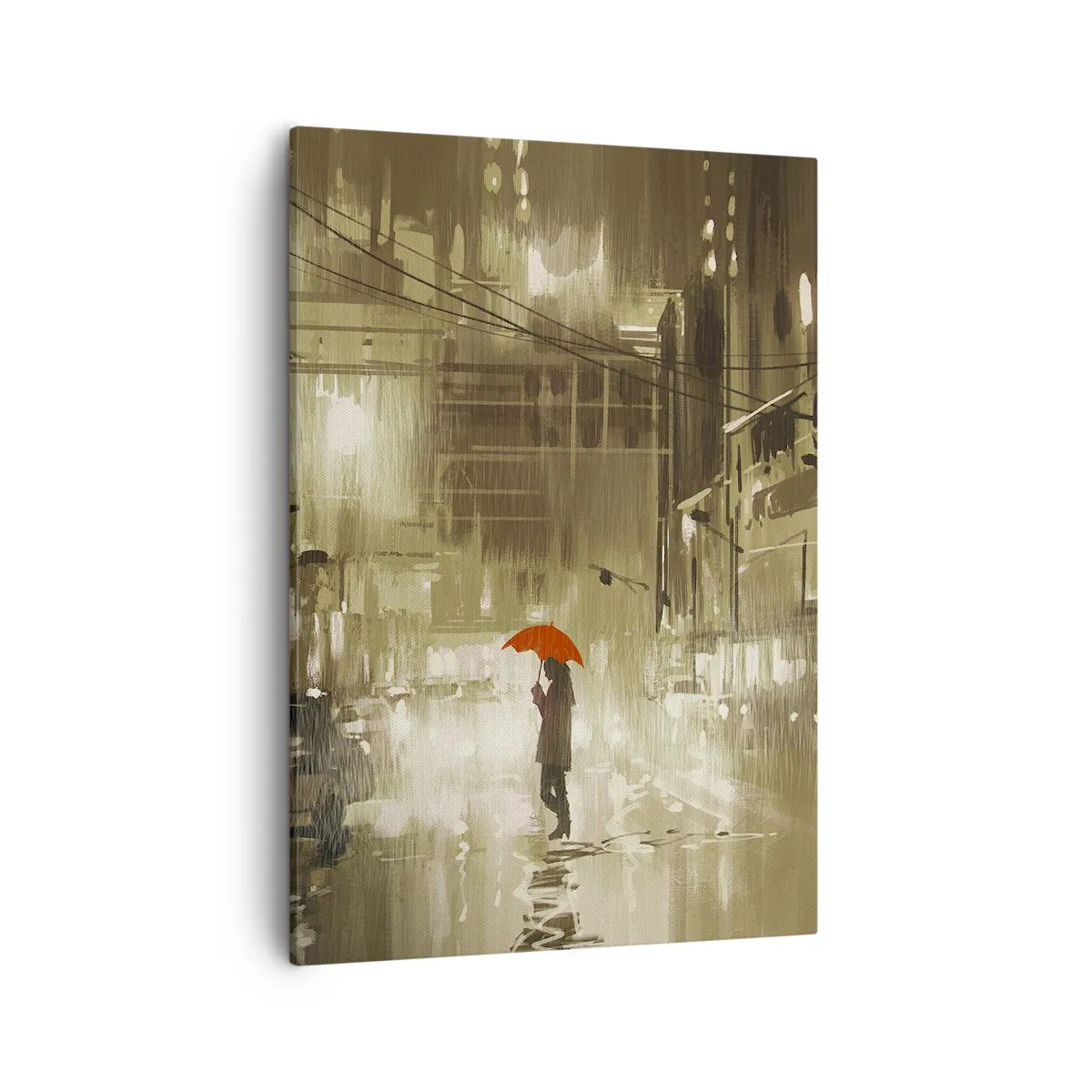 Impression sur toile - Image sur toile - Une silhouette avec un parapluie rouge dans une ville pluvieuse - 50x70cm - Seule mais pas solitaire - Décoration murale moderne pour le salon et la chambre ARTTOR