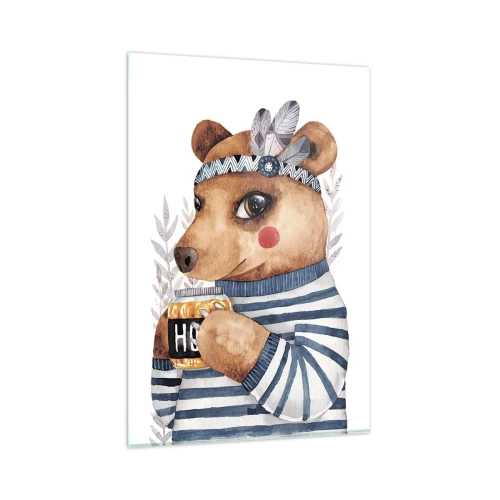 Impression sur verre - Image sur verre - Un ours en peluche dans un pull rayé avec une tasse de miel - 80x120cm - Un nounours trop mignon - Décoration murale moderne pour le salon et la chambre ARTTOR