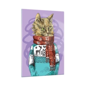 Impression sur verre - Image sur verre - Un chat en pull et écharpe sur fond violet - 50x70cm - Le chat, pas uniquement dans les chaussures - Décoration murale moderne pour le salon et la chambre ARTTOR