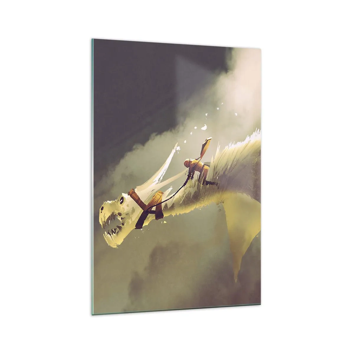Impression sur verre - Image sur verre - Illustration d'un cavalier de dragon dans un paysage nuageux fantastique - 70x100cm - Le monde à la rescousse - Décoration murale moderne pour le salon et la chambre ARTTOR