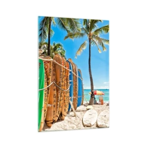 Impression sur verre - Image sur verre - Planches de surf sur une plage avec des palmiers - 70x100cm - Jeux ensoleillés - Décoration murale moderne pour le salon et la chambre ARTTOR