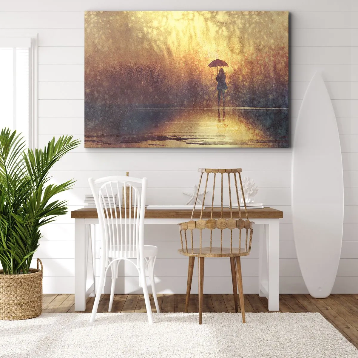 Impression sur toile - Image sur toile - Une silhouette avec un parapluie dans un paysage brumeux plein de reflets - 70x50cm - Je sens que quelqu'un me regarde - Décoration murale moderne pour le salon et la chambre ARTTOR