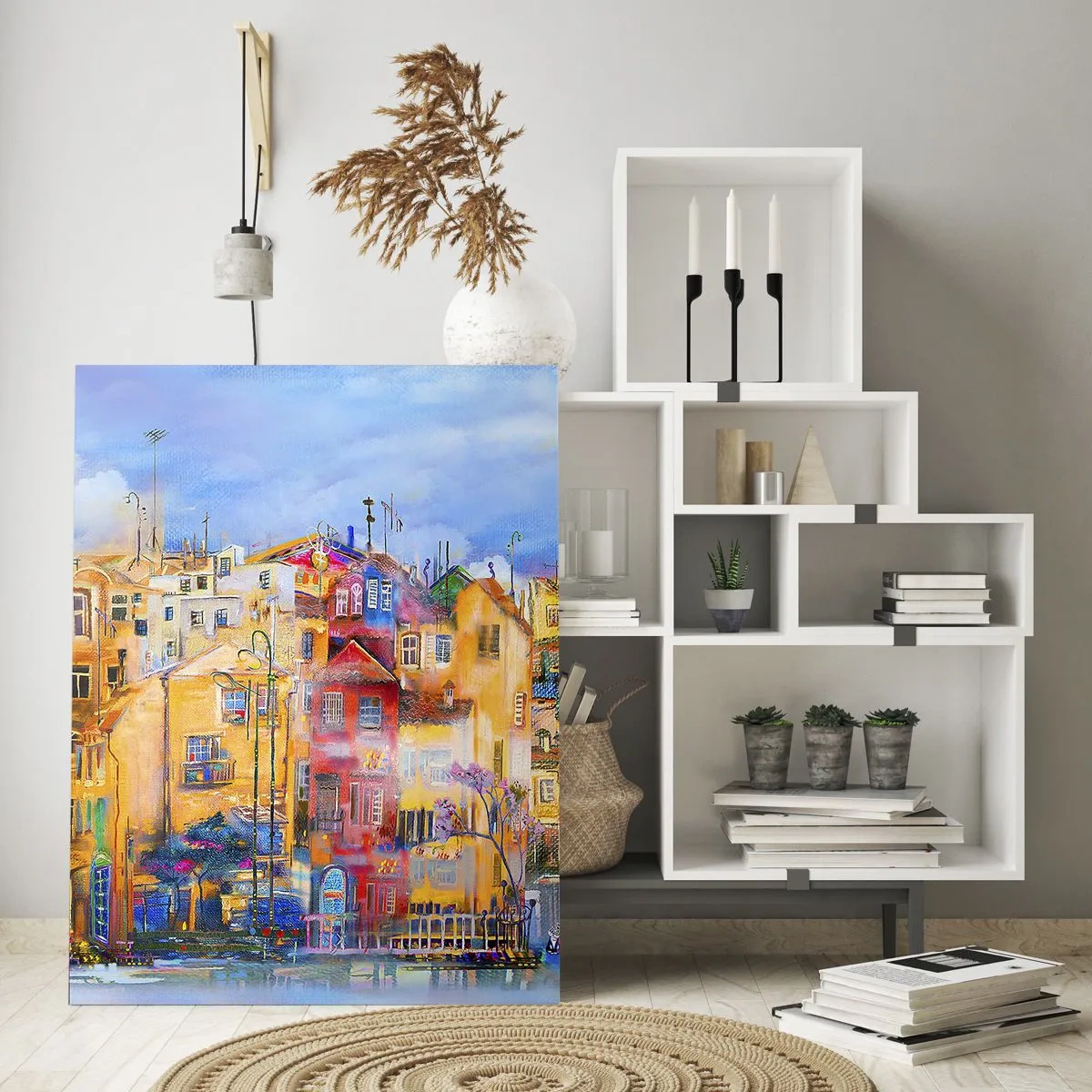 Impression sur verre - Image sur verre - Bâtiments urbains colorés dans un style artistique - 80x120cm - Nous sommes ensemble - Décoration murale moderne pour le salon et la chambre ARTTOR