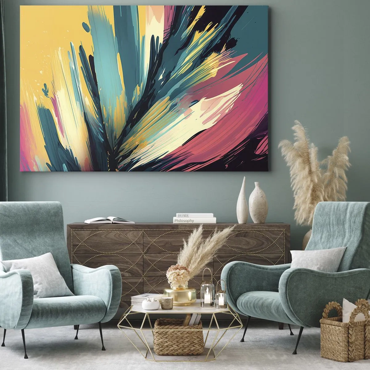 Impression sur toile - Image sur toile - Une composition abstraite aux couleurs intenses et contrastées. - 70x50cm - Composition – une explosion de joie - Décoration murale moderne pour le salon et la chambre ARTTOR