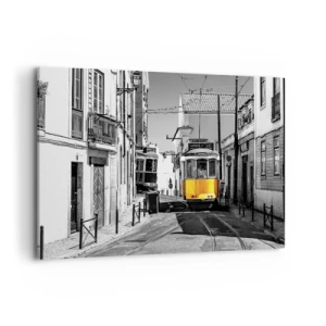 Impression sur toile - Image sur toile - Un tramway jaune dans les rues de Lisbonne dans un décor monochrome - 120x80cm - L'âme de Lisbonne - Décoration murale moderne pour le salon et la chambre ARTTOR