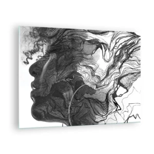 Impression sur verre - Image sur verre - Silhouette noire et blanche d'une femme avec des lignes abstraites - 70x50cm - Emmêlé dans les rêves - Décoration murale moderne pour le salon et la chambre ARTTOR