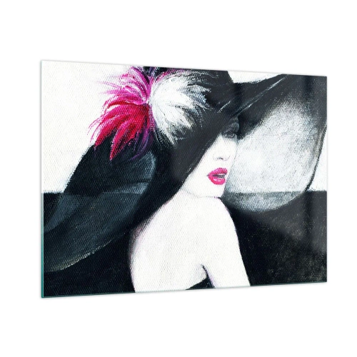 Impression sur verre - Image sur verre - Portrait d'une femme portant un grand chapeau à plumes roses - 100x70cm - Toujours un secret - Décoration murale moderne pour le salon et la chambre ARTTOR