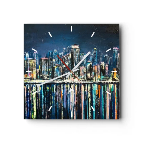 Horloge murale - Pendule murale - Panorama de la ville nocturne reflétée dans l'eau - 30x30cm - Cascade de lumières - Décoration murale moderne pour le salon et la chambre ARTTOR