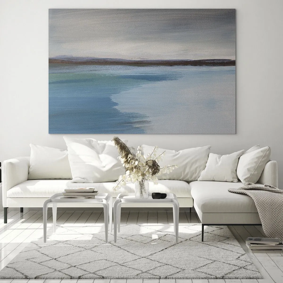 Impression sur verre - Image sur verre - Un paysage tranquille avec de l'eau et des collines lointaines aux tons pastel. - 70x50cm - Paysage horizontal - Décoration murale moderne pour le salon et la chambre ARTTOR