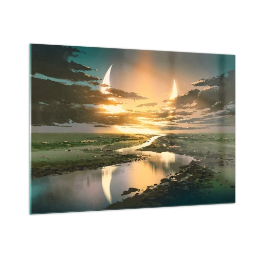 Impression sur verre - Image sur verre - Un paysage fantastique avec une double lune sur la rivière - 100x70cm - Quelque part dans une galaxie lointaine, très lointaine - Décoration murale moderne pour le salon et la chambre ARTTOR