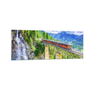 Impression sur verre - Image sur verre - Des montagnes russes sur un pont avec vue sur une cascade et des montagnes - 140x50cm - Train dans les Alpes - Décoration murale moderne pour le salon et la chambre ARTTOR