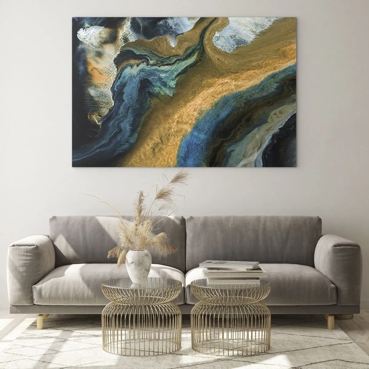 Impression sur verre - Image sur verre - Composition abstraite dans les tons bleu et or - 70x50cm - Bleu - jaune - influences mutuelles - Décoration murale moderne pour le salon et la chambre ARTTOR