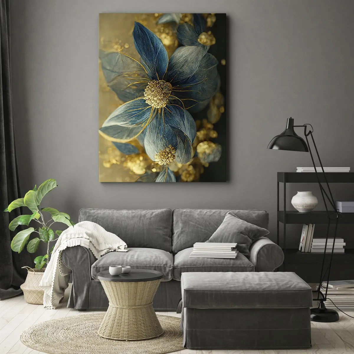 Impression sur toile - Image sur toile - Fleurs élégantes dans des tons de bleu et d'or - 50x70cm - Fleurir avec de l'or - Décoration murale moderne pour le salon et la chambre ARTTOR