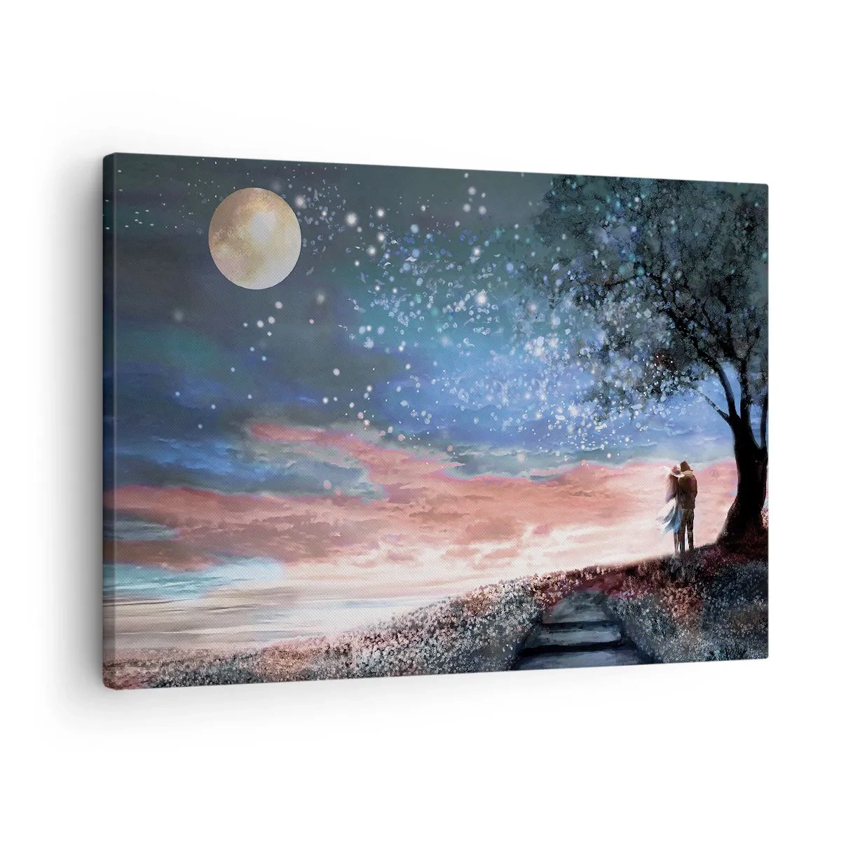 Impression sur toile - Image sur toile - Scène de couple romantique sous la pleine lune - 70x50cm - Spectacle étoilé - Décoration murale moderne pour le salon et la chambre ARTTOR