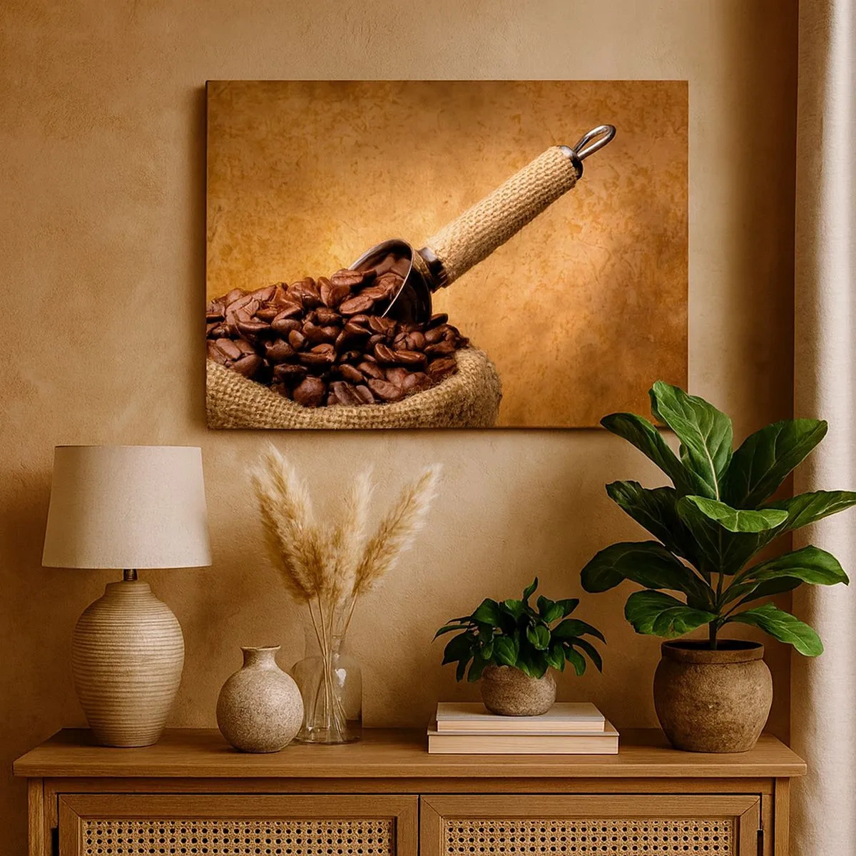 Impression sur toile - Image sur toile - Grains de café dans un sac en jute avec une cuillère en métal - 70x50cm - A la source de la saveur - Décoration murale moderne pour le salon et la chambre ARTTOR