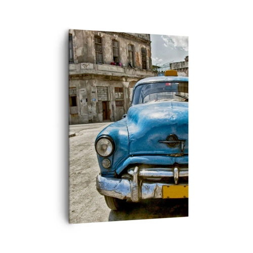 Impression sur toile - Image sur toile - Une vieille voiture bleue dans la rue dans un style rétro - 70x100cm - L'ancien est beau - Décoration murale moderne pour le salon et la chambre ARTTOR