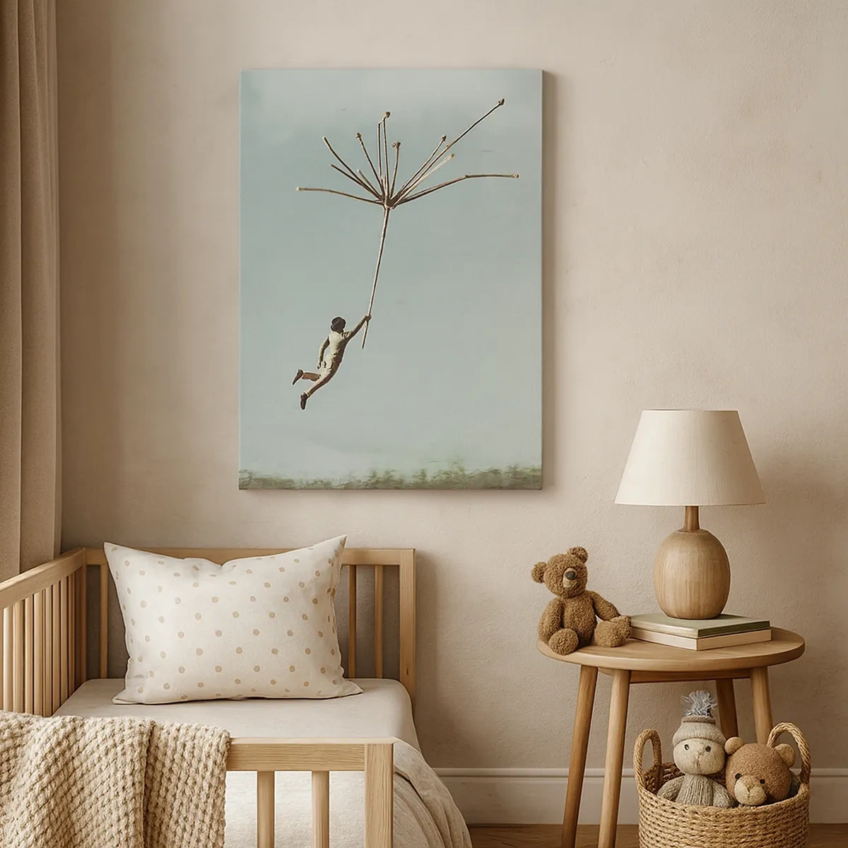 Impression sur toile - Image sur toile - Une silhouette soulevée par une grosse graine de pissenlit - 50x70cm - Cerfs-volants, pissenlits, vent - Décoration murale moderne pour le salon et la chambre ARTTOR