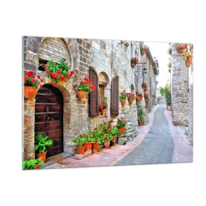 Impression sur verre - Image sur verre - Une rue pittoresque avec des murs de pierre et des fleurs rouges - 120x80cm - Ambiance italienne - Décoration murale moderne pour le salon et la chambre ARTTOR