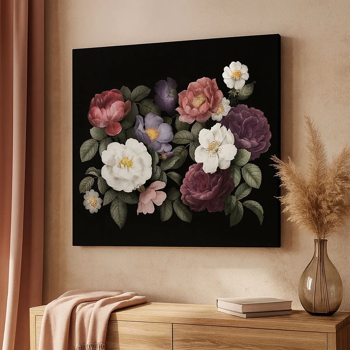 Impression sur toile - Image sur toile - Fleurs de différentes couleurs sur fond noir - 70x50cm - D'un jardin anglais - Décoration murale moderne pour le salon et la chambre ARTTOR