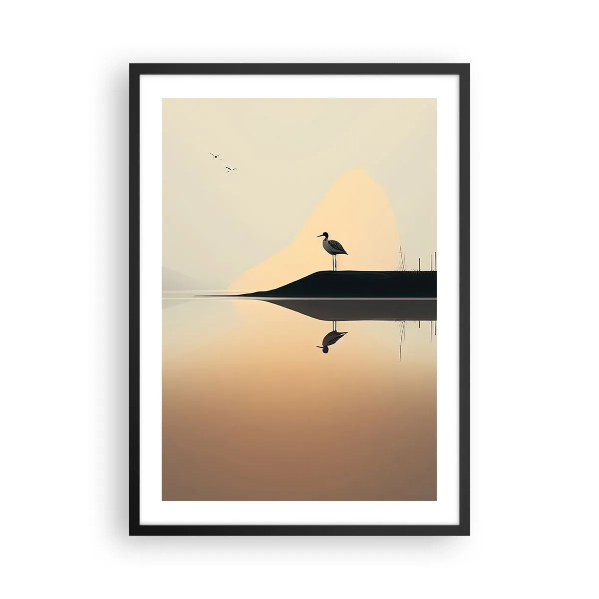 Affiche dans un cadre noir - Poster - Une cigogne debout sur la rive d'un lac avec son reflet dans l'eau - 50x70cm - Le seigneur du lac - Décoration murale moderne pour le salon et la chambre ARTTOR