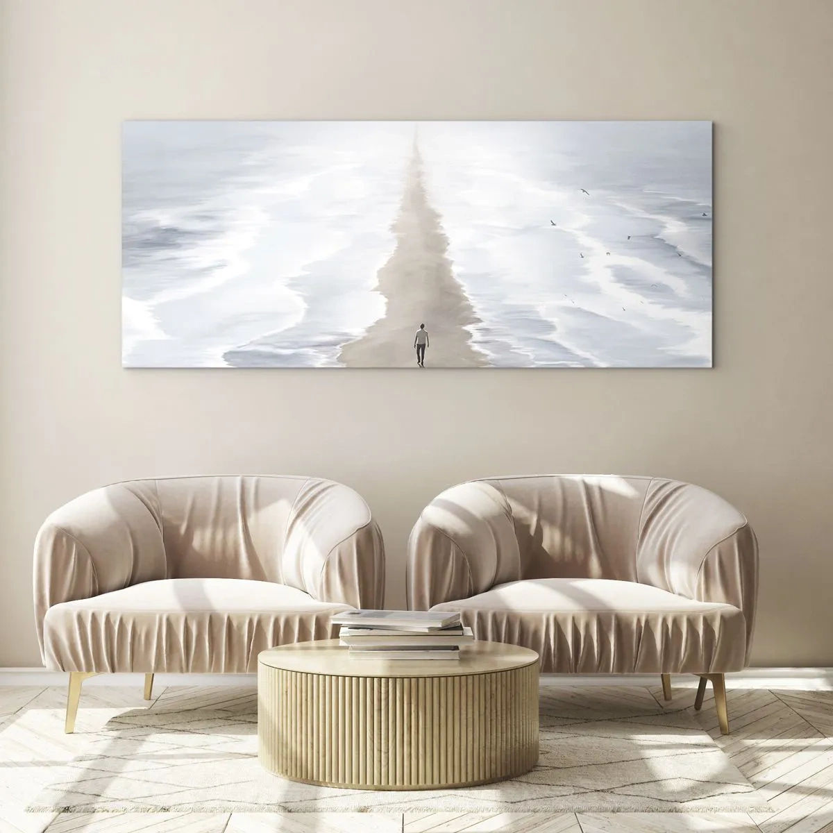 Impression sur verre - Image sur verre - Une silhouette sur une route solitaire au milieu d'un vaste paysage aquatique - 120x50cm - Un brillant avenir - Décoration murale moderne pour le salon et la chambre ARTTOR