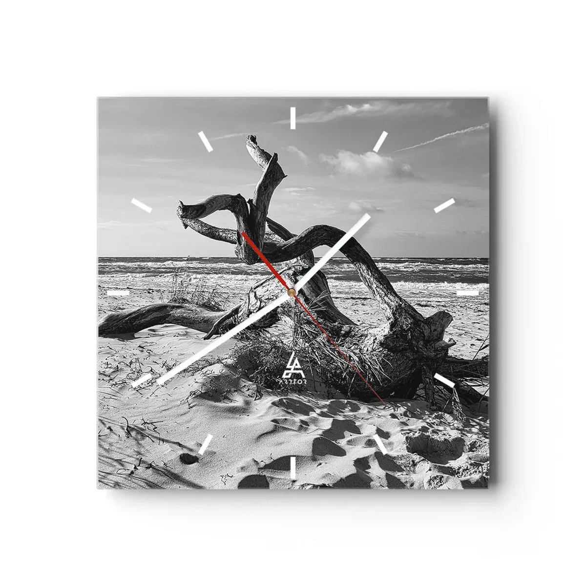 Horloge murale - Pendule murale - Paysage noir et blanc avec un arbre mort sur la plage - 30x30cm - Sculpture marine - Décoration murale moderne pour le salon et la chambre ARTTOR