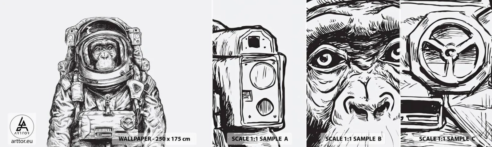 Échantillon de Papier Peint Autocollant Deluxe Sticker - Évolution alternative - Abstraction, Astronaute, Singe - 100x30 cm