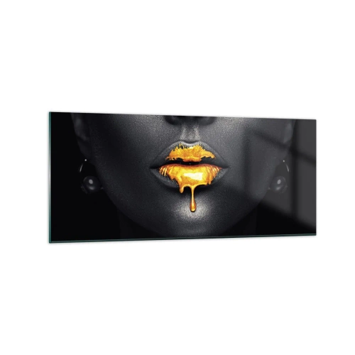 Impression sur verre - Image sur verre - Portrait noir et or d'une femme avec une goutte d'or sur les lèvres - 120x50cm - Bouche d'or - Décoration murale moderne pour le salon et la chambre ARTTOR
