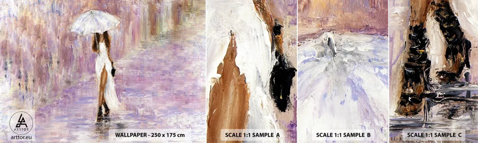 Échantillon de Papier Peint Autocollant Deluxe Sticker - Sous la pluie lilas - Femme, Mode, Marcher sous la pluie - 100x30 cm