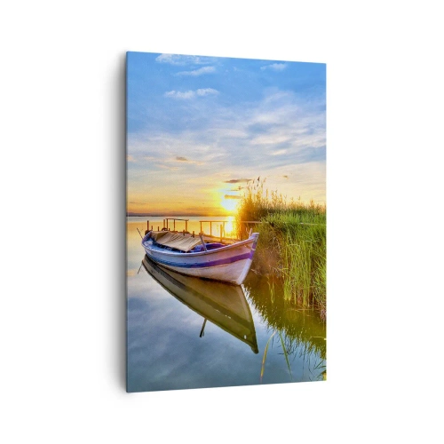 Impression sur toile - Image sur toile - Un bateau dans une baie tranquille au coucher du soleil - 80x120cm - La crique où les rêves deviennent réalité - Décoration murale moderne pour le salon et la chambre ARTTOR