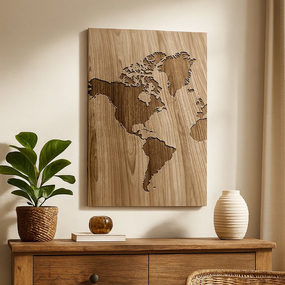 Impression sur toile - Image sur toile - Une carte du monde découpée sur une surface en bois - 50x70cm - Le monde est sur la table - Décoration murale moderne pour le salon et la chambre ARTTOR