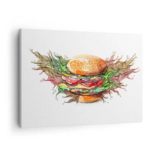 Impression sur toile - Image sur toile - Illustration artistique d'un burger avec des éléments dynamiques - 70x50cm - Tentation chaude - Décoration murale moderne pour le salon et la chambre ARTTOR