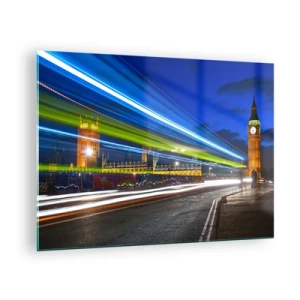 Impression sur verre - Image sur verre - Big Ben la nuit avec des phares de voiture flous - 70x50cm - Sous l'œil de Big Ben - Décoration murale moderne pour le salon et la chambre ARTTOR