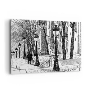Impression sur toile - Image sur toile - Une rue avec des lampadaires et une silhouette humaine en technique d'esquisse - 100x70cm - Une histoire d'amour ou une histoire d'horreur ? - Décoration murale moderne pour le salon et la chambre ARTTOR
