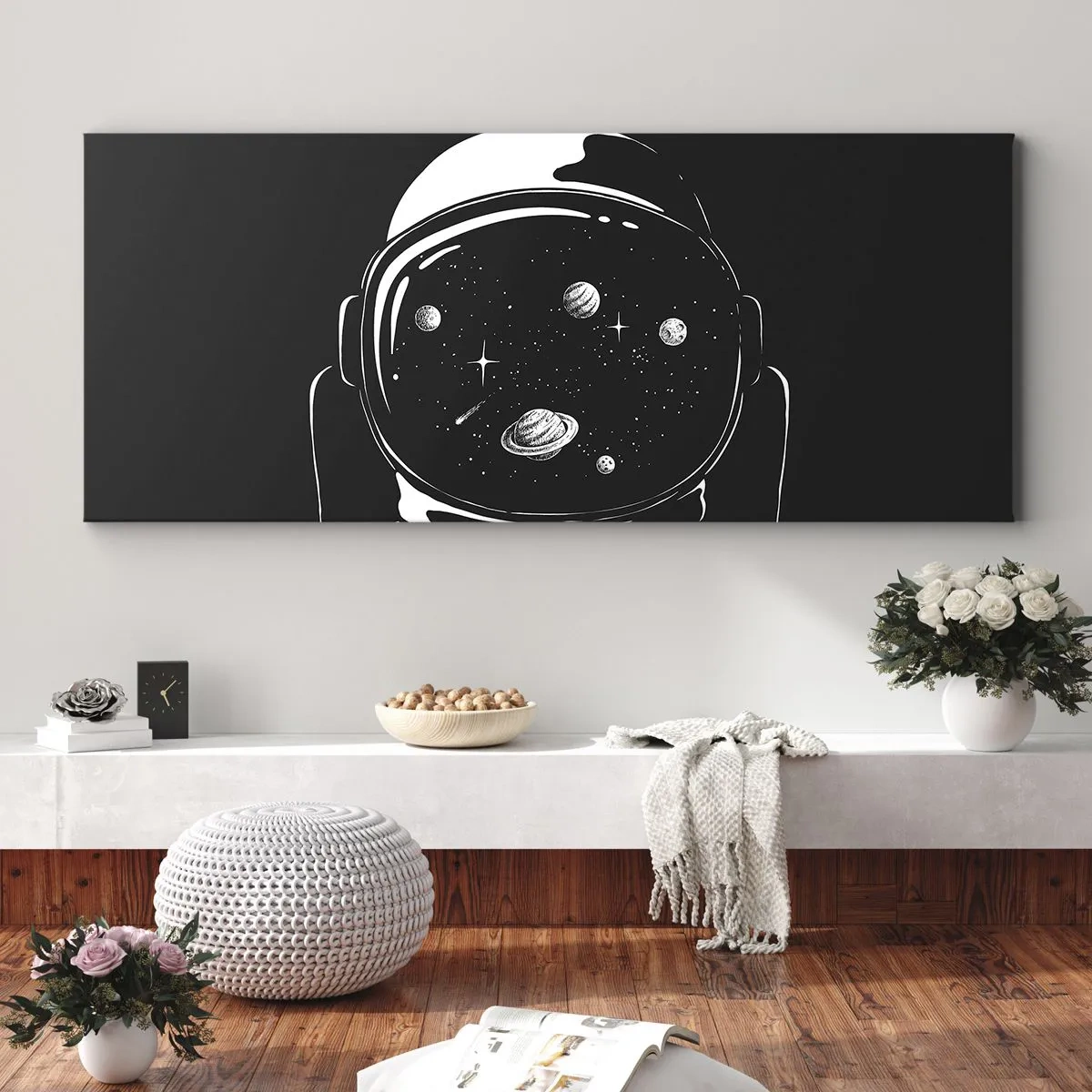 Impression sur toile - Image sur toile - Un casque d'astronaute minimaliste avec vue sur l'espace - 160x50cm - Sympa la vue - Décoration murale moderne pour le salon et la chambre ARTTOR