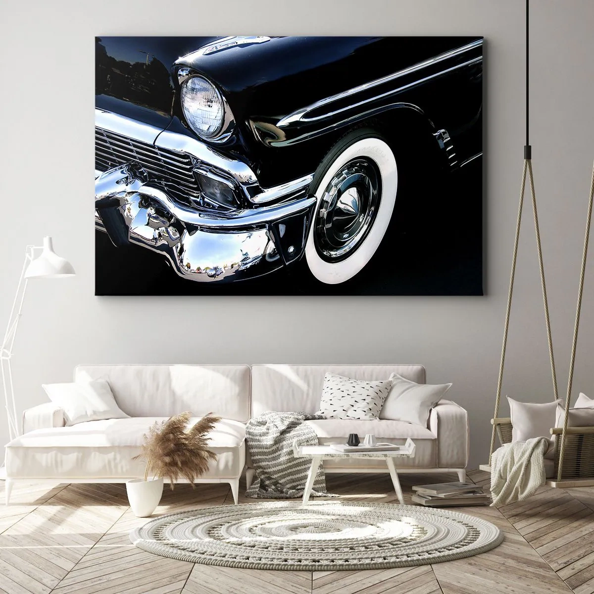 Impression sur toile - Image sur toile - Gros plan du phare et du garde-boue d'une voiture classique noire - 100x70cm - Classique en argent, noir et blanc - Décoration murale moderne pour le salon et la chambre ARTTOR