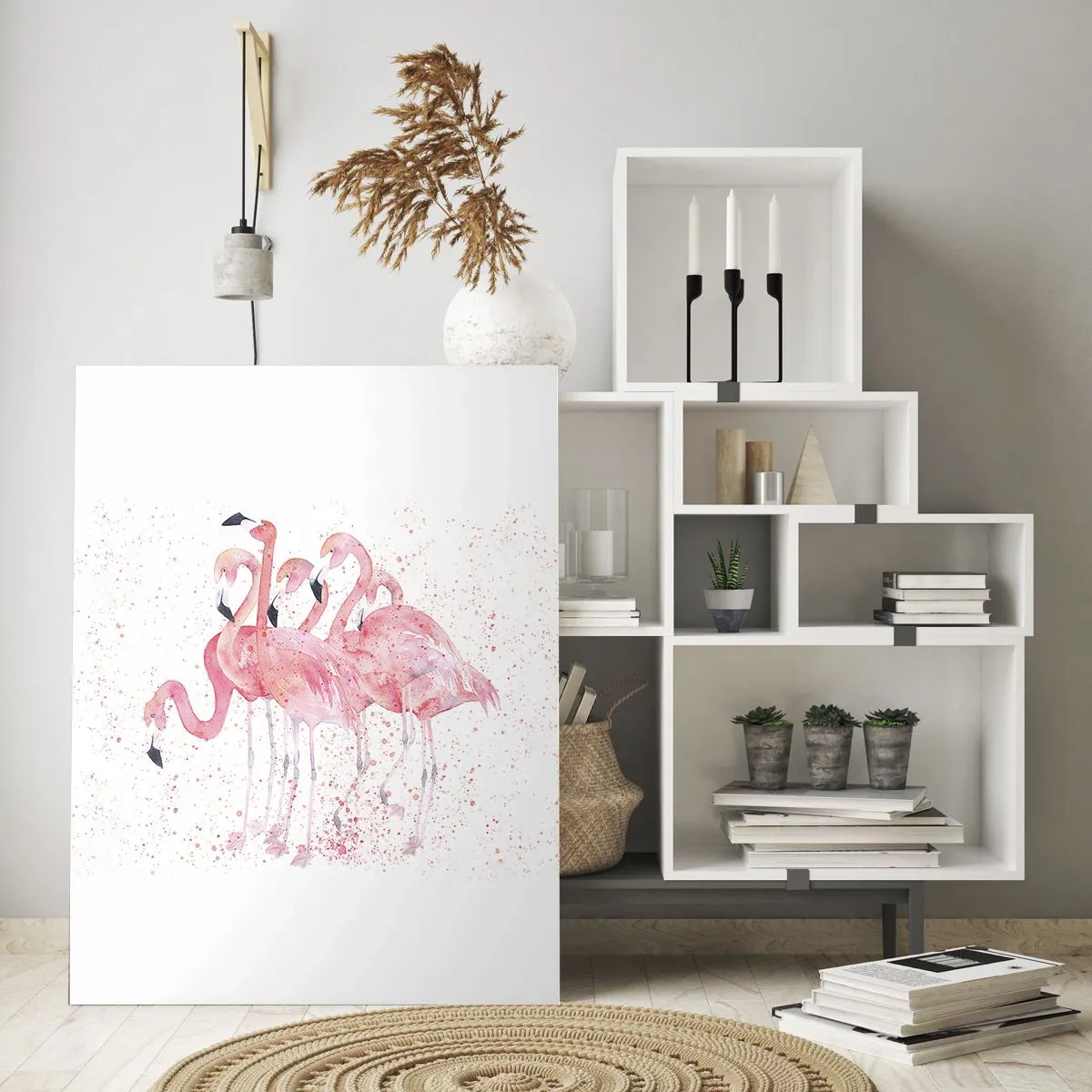 Impression sur verre - Image sur verre - Flamants roses à l'aquarelle sur fond clair avec des taches délicates - 50x70cm - Ensemble rose - Décoration murale moderne pour le salon et la chambre ARTTOR