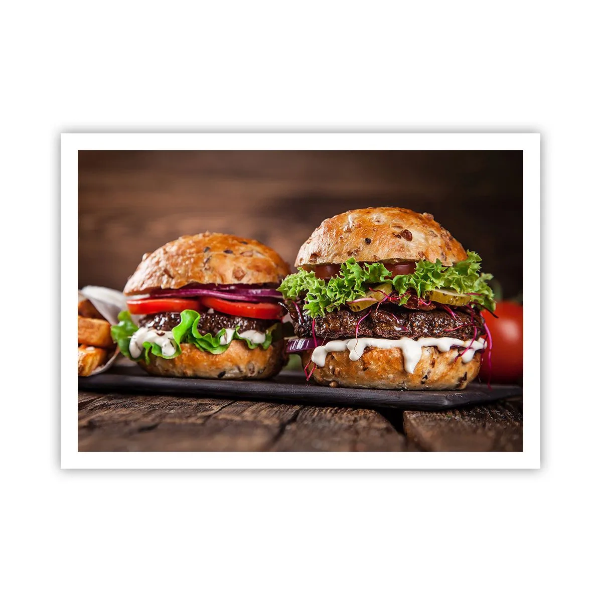 Affiche - Poster - Burgers appétissants avec légumes et sauce - 100x70cm - American dream - Décoration murale moderne pour le salon et la chambre ARTTOR