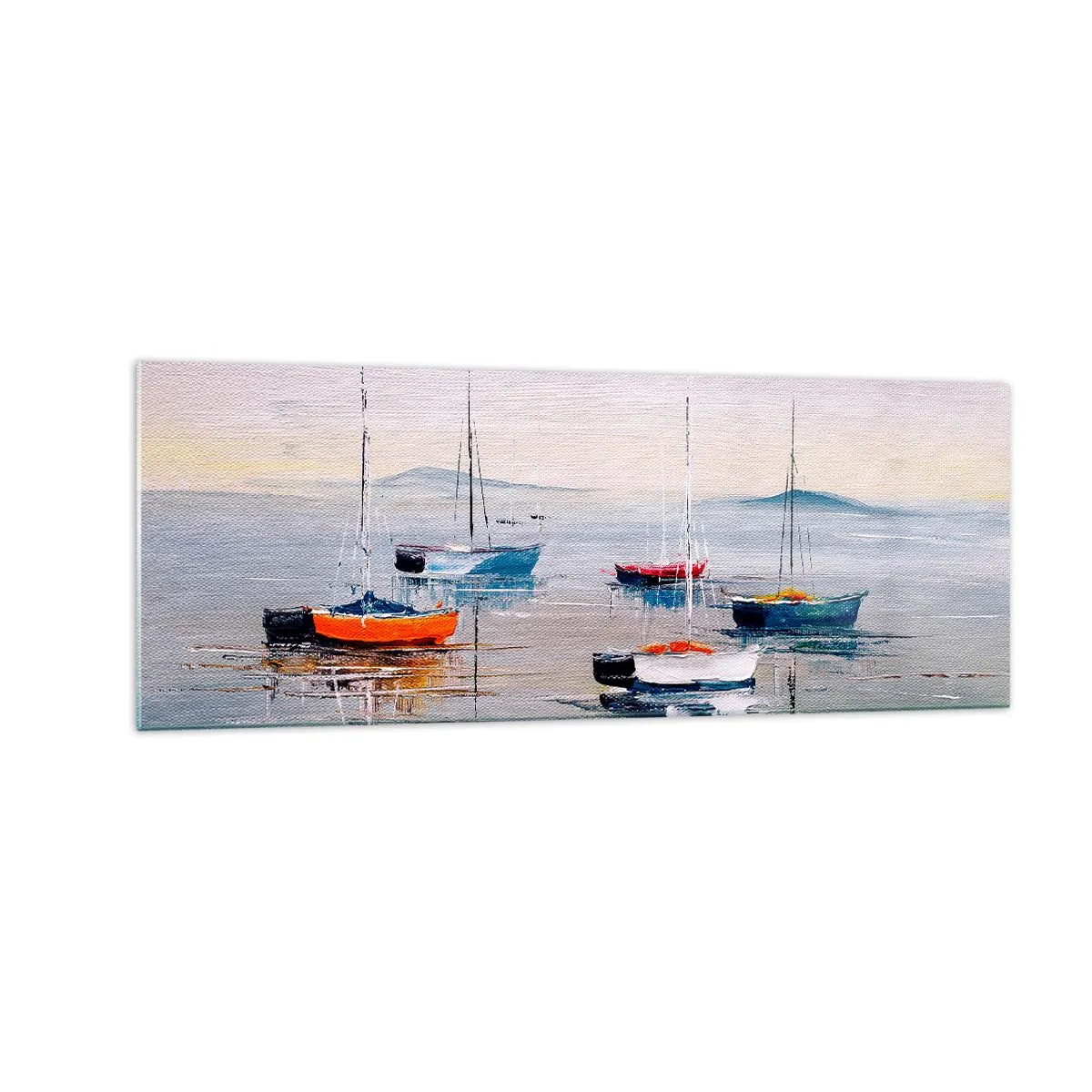 Impression sur verre - Image sur verre - Bateaux colorés sur une eau calme - 140x50cm - Un repos bien mérité - Décoration murale moderne pour le salon et la chambre ARTTOR