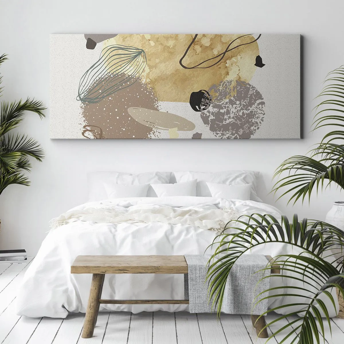 Impression sur toile - Image sur toile - Une composition de formes abstraites en beige et jaune. - 140x50cm - Plumcologie appliquée - Décoration murale moderne pour le salon et la chambre ARTTOR