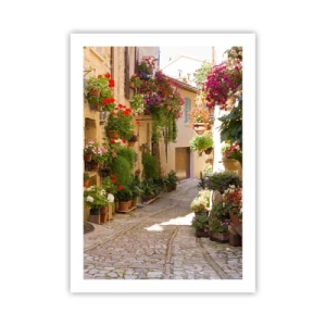 Affiche - Poster - Une rue fleurie avec un pavé en pierre et des pots de fleurs - 50x70cm - Une inondation de fleurs  - Décoration murale moderne pour le salon et la chambre ARTTOR