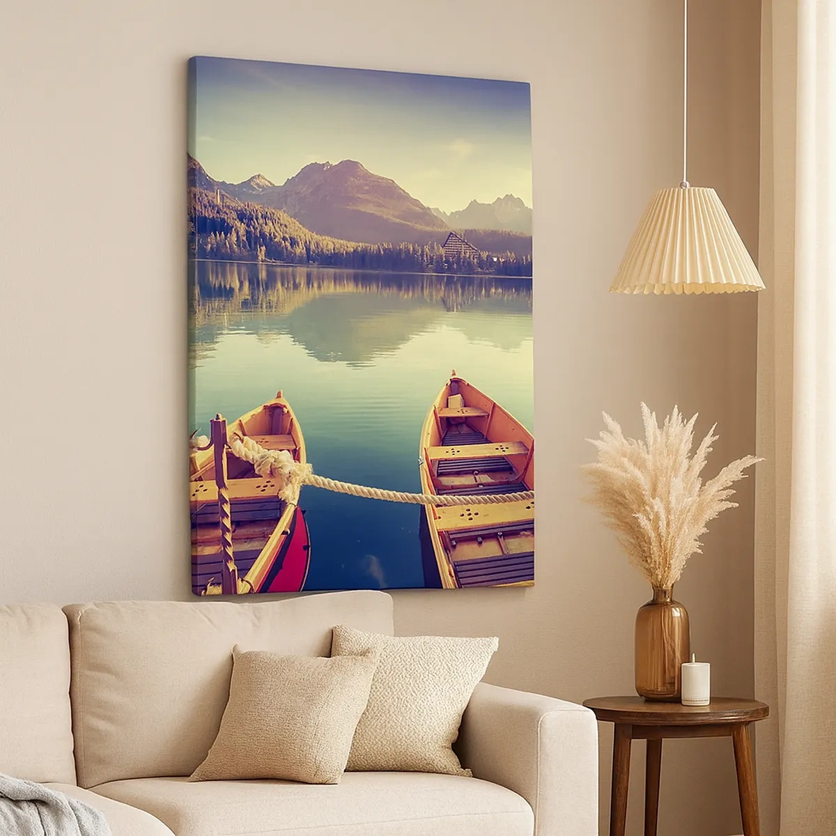 Impression sur toile - Image sur toile - Bateaux sur un lac calme entouré de montagnes au coucher du soleil - 50x70cm - Vivre selon ses règles - Décoration murale moderne pour le salon et la chambre ARTTOR