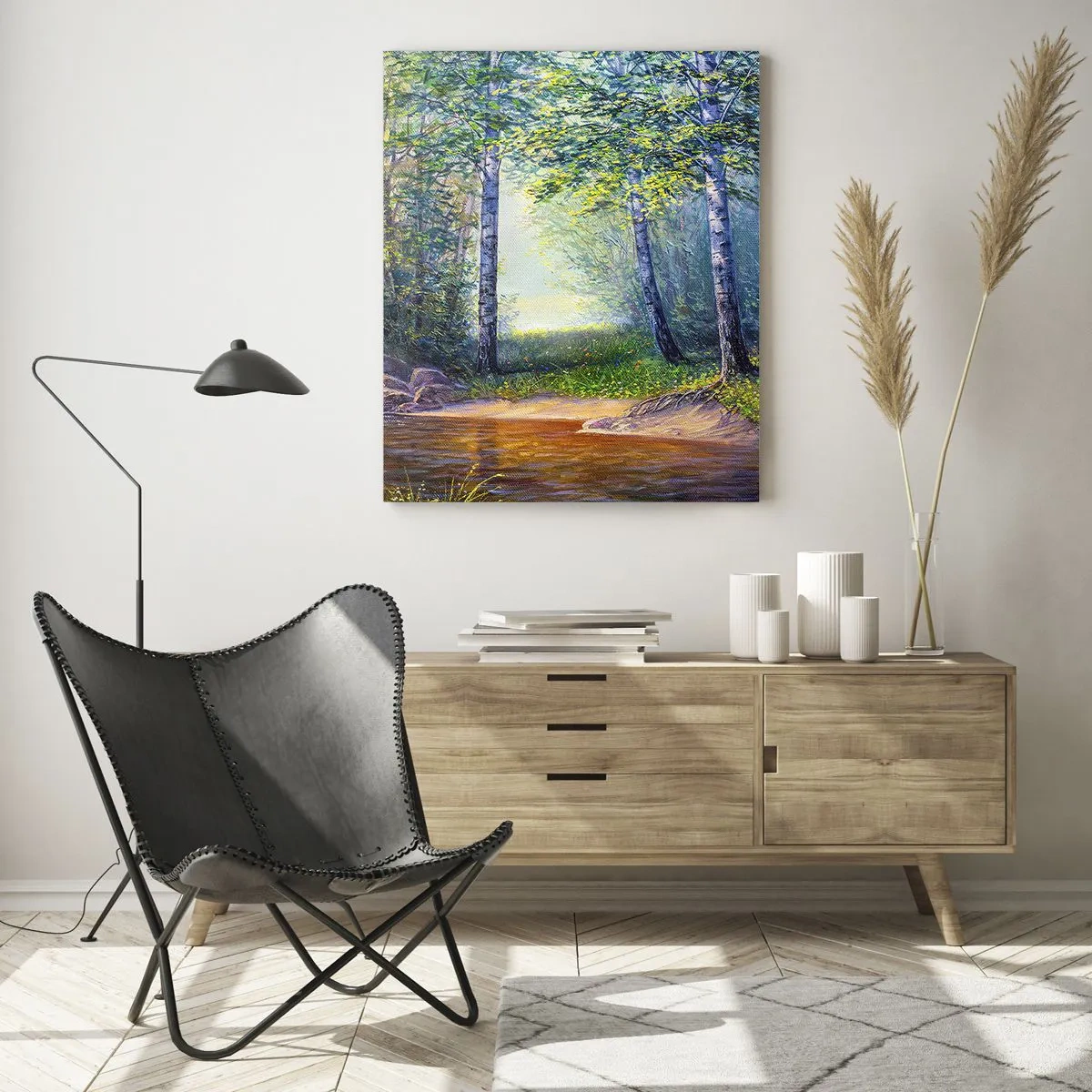 Impression sur verre - Image sur verre - Un ruisseau forestier entouré de bouleaux et de soleil - 80x120cm - Paysage idyllique - Décoration murale moderne pour le salon et la chambre ARTTOR
