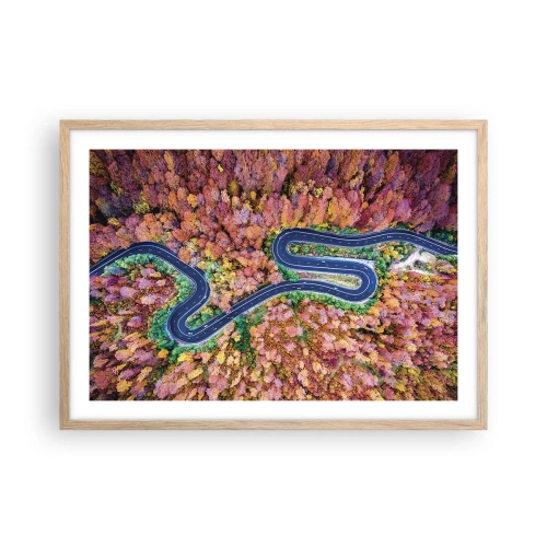 Affiche dans un chêne clair - Poster - Route sinueuse à travers la forêt - 70x50 cm