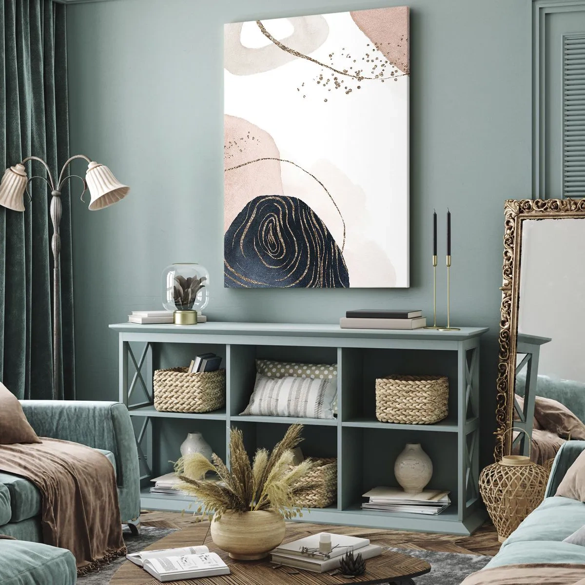 Impression sur toile - Image sur toile - Formes abstraites dans des tons beige et bleu marine avec des détails dorés - 50x70cm - Tout coule - Décoration murale moderne pour le salon et la chambre ARTTOR